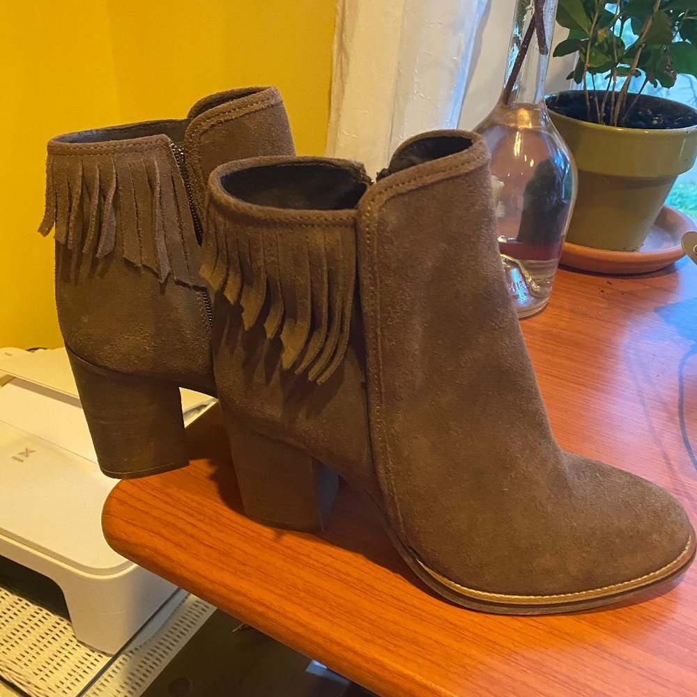 Eric Michael Lisa Suede Fringe Booties Dark Brown